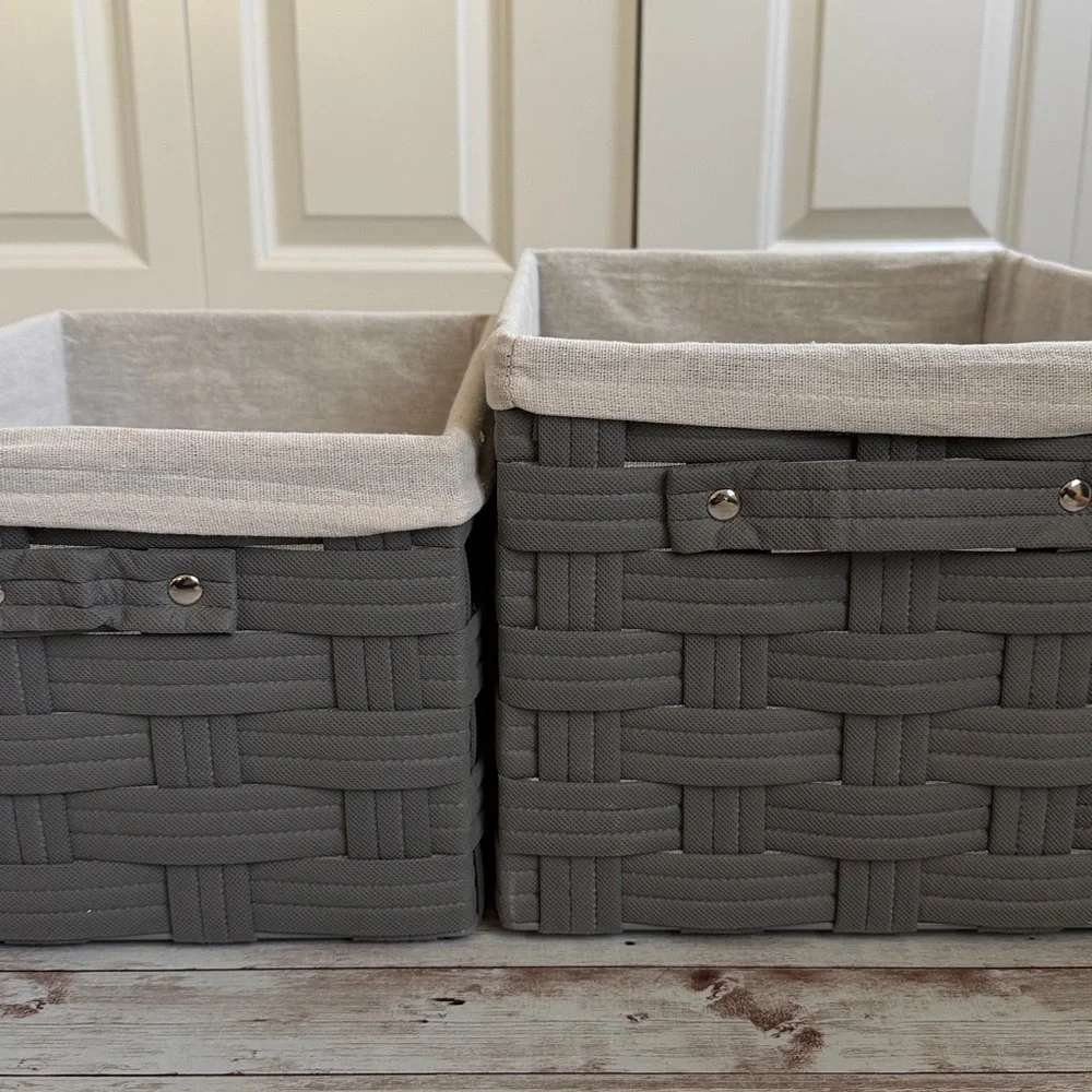 Pair Woven Fabric Baskets with Linen Liner Gray Beige 15